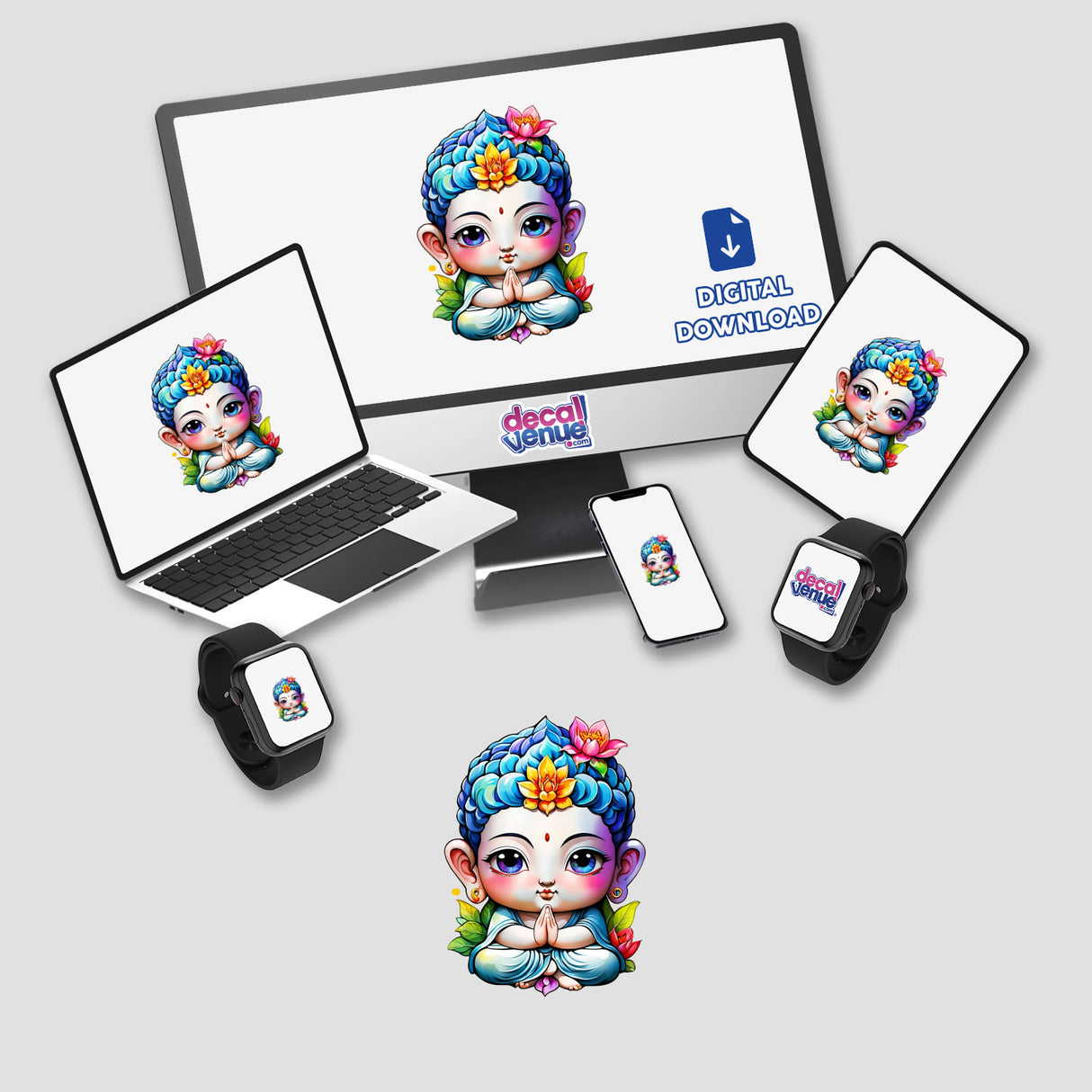 Kawaii Buddha Meditating: Adorable Sticker Design featuring a cartoon baby Buddha on a computer monitor and laptop. Ideal for stickers or digital artwork from Decal Venue.