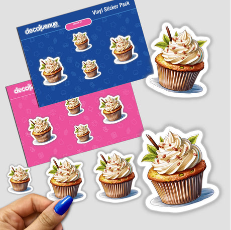 Colorful vinyl stickers depicting delicious vanilla bean cupcakes with swirled frosting and decorative elements, available from the Decal Venue online store.