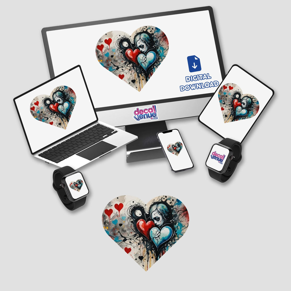 Heart Shaped Abstract Love design displayed on a laptop, phone, and tablet screens, available as stickers or digital artwork.