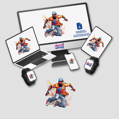 Vibrant digital artwork of an energetic breakdancing figure in dynamic pose, featured on various digital devices by Decal Venue, an online store offering unique stickers and digital art.