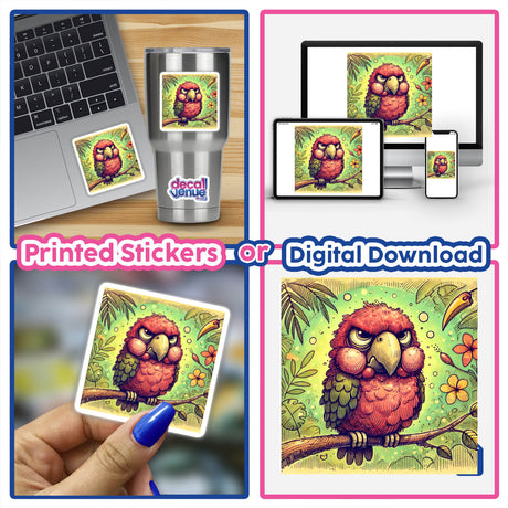 Grumpy Parrot Perched in a Tropical Jungle sticker displayed on a laptop, alongside close-ups of the parrot artwork and digital versions, embodying Decal Venue's unique sticker and digital art offerings.