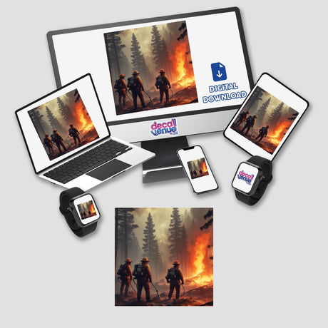 Hero Series 1: A computer monitor, laptop with a firefighter on screen, and a tablet featuring a fire scene, available as unique stickers or digital artwork from Decal Venue.