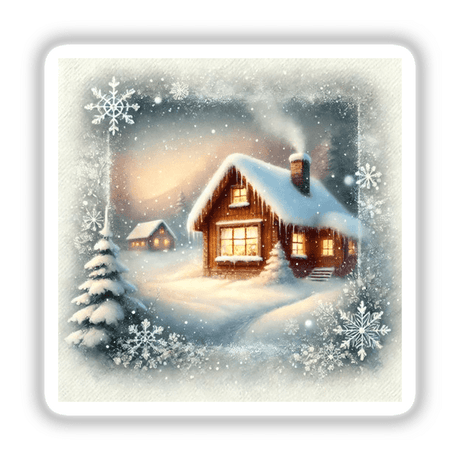 Snowy Window View - Cozy Cabin and Falling Snow Watercolor featuring a quaint house blanketed in snow with a serene winter landscape, available as stickers or digital artwork.