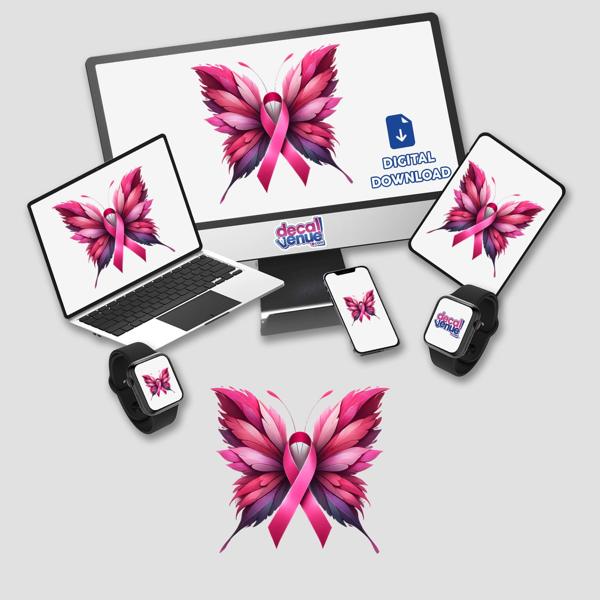 Butterfly Pink Ribbon Breast Cancer digital artwork displayed on a computer monitor, laptop, and smartphone, showcasing pink butterfly designs. Available as stickers or digital artwork.