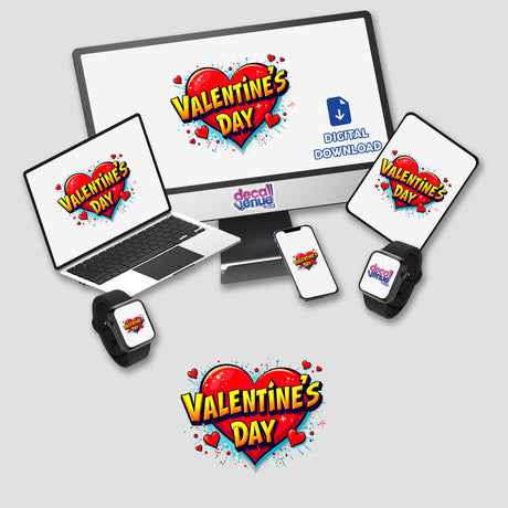 Valentine's Day Love Heart digital artwork featuring heart motifs on a laptop, computer screen, and phone, ideal for unique stickers or digital art from Decal Venue.