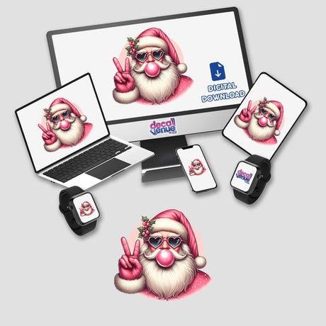 Retro Pink Christmas Santa Claus Blowing Bubble depicted on a computer monitor and laptop screen, available as stickers or digital artwork, showcasing Santa with sunglasses and a bubble gum.