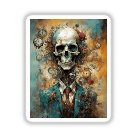 Beautiful Bones: A striking artwork of a skull in a suit and tie, featuring intricate clock faces and abstract elements. Available as stickers or digital art from Decal Venue.