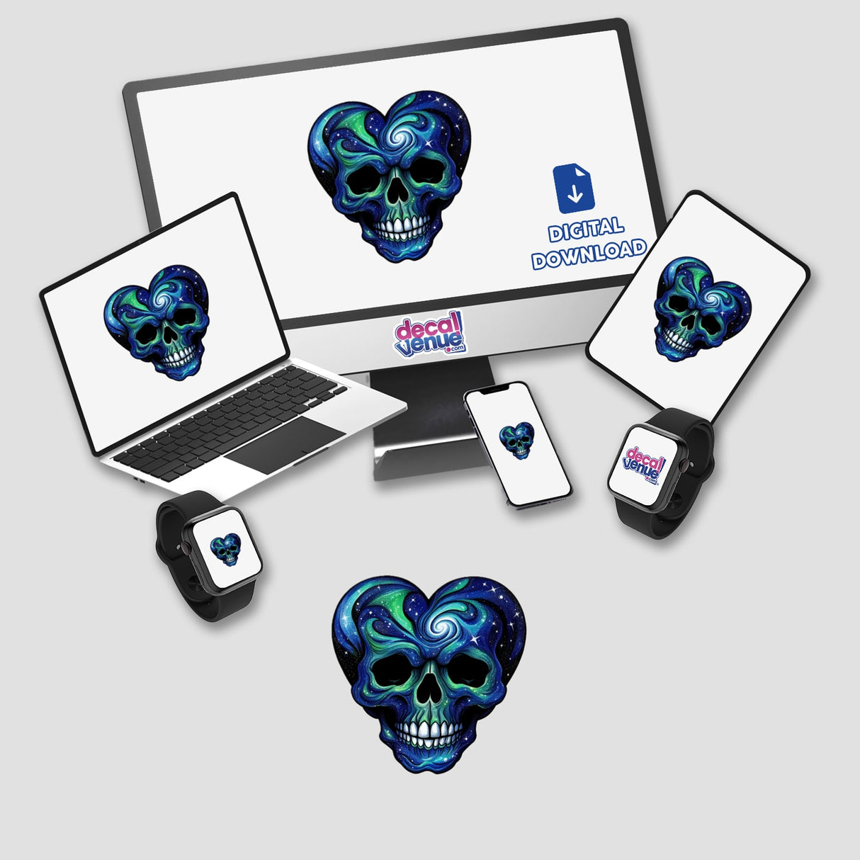 Galactic Heart Skull design displayed on a computer monitor and laptop screen, available as unique stickers or digital artwork from Decal Venue.