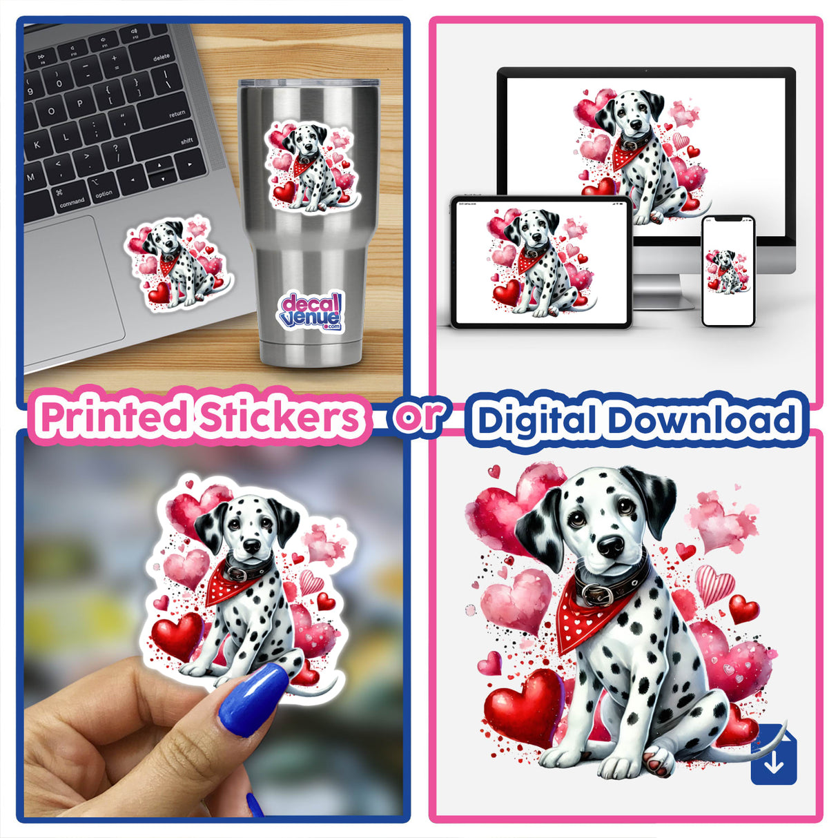 Collage featuring the Watercolor Dalmatian Hearts design, showcasing a Dalmatian with hearts, available as unique stickers or digital artwork, set against laptops and cups from Decal Venue.