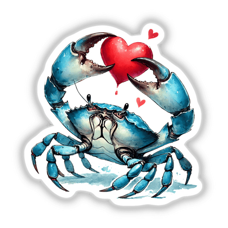 Watercolor Blue Crab Holding Heart II: A whimsical illustration of a blue crab delicately grasping a red heart, offered as unique vinyl stickers or digital artwork, reflecting Decal Venue's artistic flair.