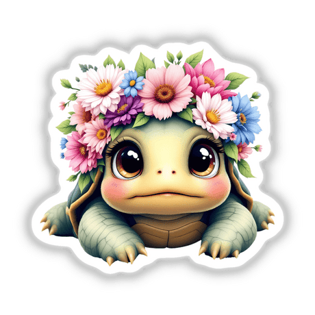 Adorable Turtle with a Spring Flower Crown depicted as a cartoon turtle adorned with a floral crown, available as stickers or digital artwork from Decal Venue, known for unique stickers and digital art.