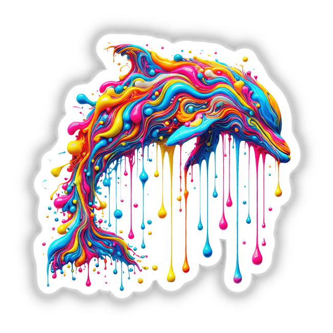 Dripping Rainbow Dolphin - Psychedelic Fluid with Vibrant Colors, featuring a vibrant dolphin design resembling fluid paint, available as stickers or digital artwork from Decal Venue.