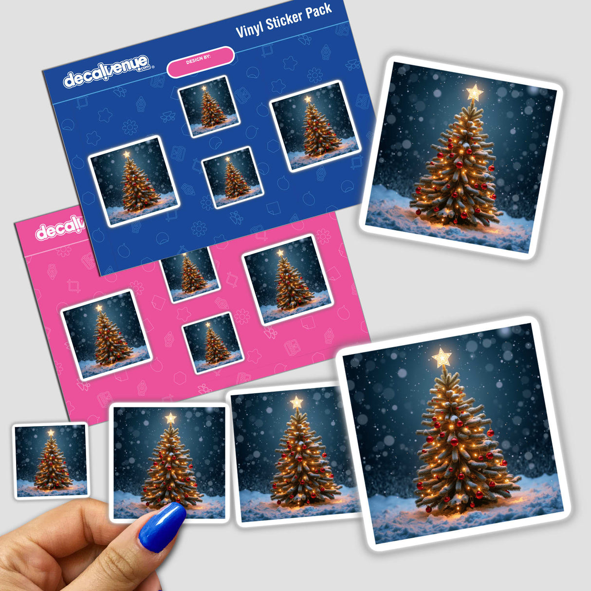 Christmas Tree Envelope Seal Stickers held by a hand, featuring a festive design with lights and a star, ideal for holiday cards. Available as stickers or digital artwork.