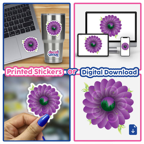 Beautiful purple and green daisy flowers featured on various products including a laptop, phone, and sticker in the product image from the Decal Venue online store.