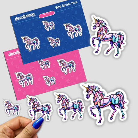 Unicorn Stained Glass Style stickers featuring various cartoon unicorn designs, showcasing intricate details perfect for adding whimsical charm to any surface. Available as stickers or digital artwork.