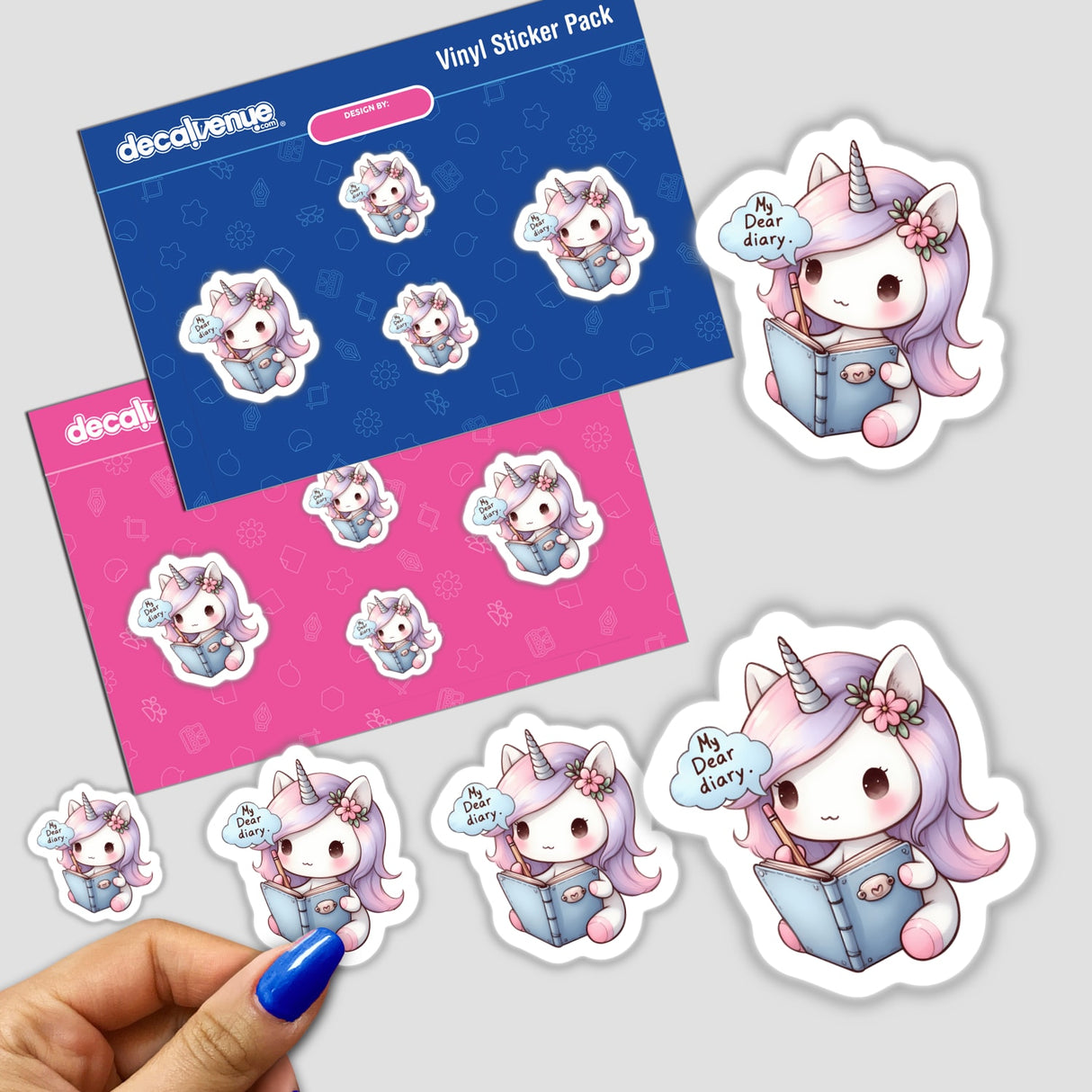 Cute unicorn sticker pack featuring adorable cartoon unicorn characters with various expressions and poses in a digital artwork style.