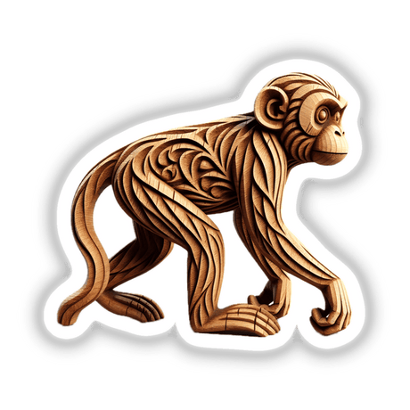 Carved Wood Monkey: A detailed wooden monkey sculpture, capturing a whimsical, artistic essence, available as unique stickers or digital artwork from Decal Venue's collection.