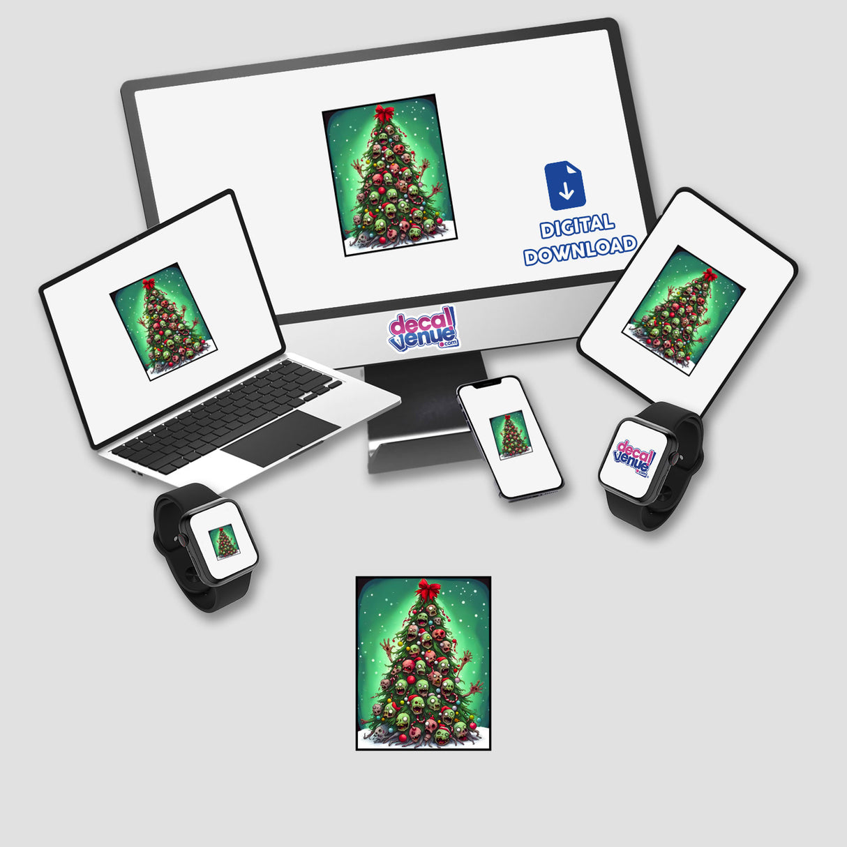 Oh Zombie Tree digital artwork displayed on a computer monitor and laptop, featuring a cartoon Christmas tree with skulls, available as unique stickers or digital art from Decal Venue.