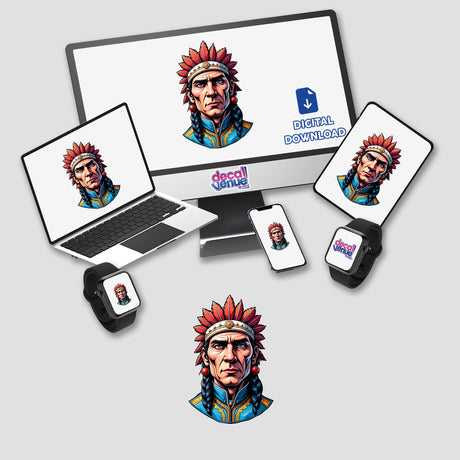 A Native American Warrior Chief depicted in digital artwork, shown on a computer monitor and laptop, available as stickers or digital downloads.