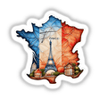 Decorative sticker featuring a stylized map of France with the Eiffel Tower, colorful buildings, and an autumn leaf design, showcasing the country's iconic landmarks and scenery.