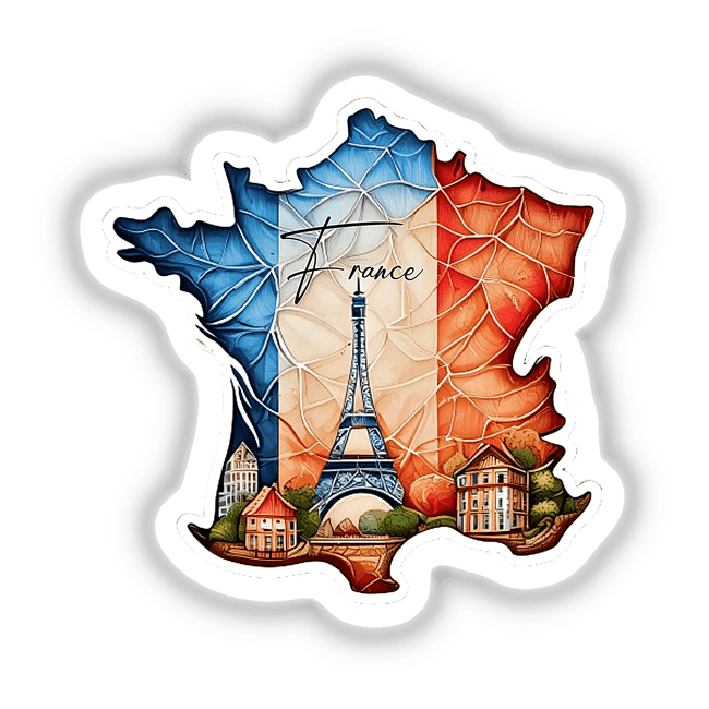 Decorative sticker featuring a stylized map of France with the Eiffel Tower, colorful buildings, and an autumn leaf design, showcasing the country's iconic landmarks and scenery.