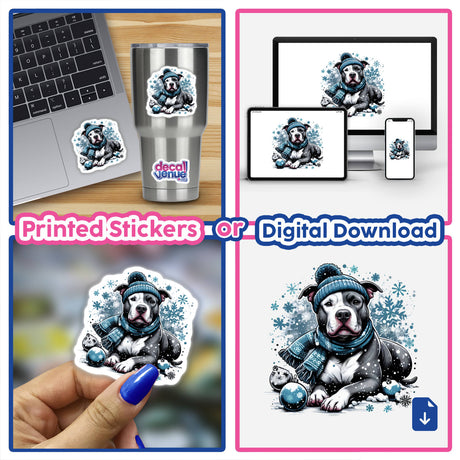 Snowy Winter Bundled up Pitbull Dog stickers featuring a cartoon dog wearing a hat and scarf, shown on a laptop, cup, and phone. Available as stickers or digital artwork.