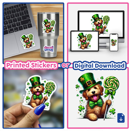 St Patricks Goldendoodle Dog Holding Lollipop sticker, featuring a cartoon dog with a hat and bow tie. Available as stickers or digital artwork from Decal Venue.