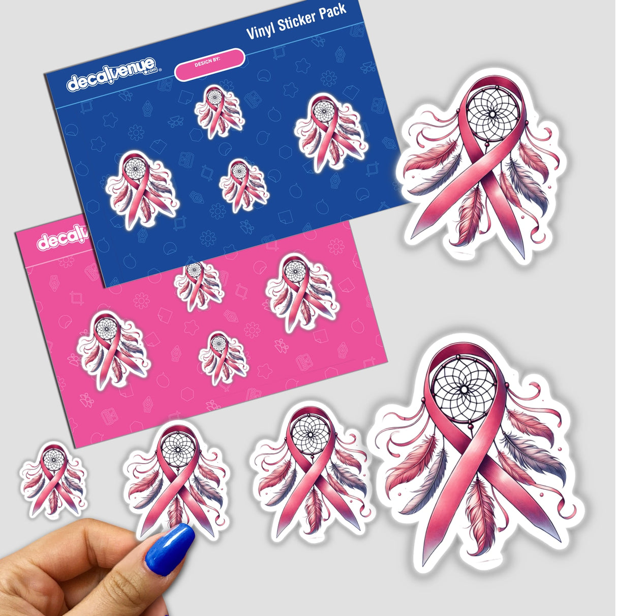 Dream Catcher Pink Ribbon Breast Cancer sticker featuring a pink ribbon with feathers, available as stickers or digital artwork.