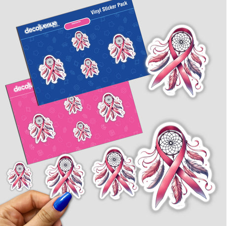 Dream Catcher Pink Ribbon Breast Cancer sticker featuring a pink ribbon with feathers, available as stickers or digital artwork.