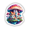 Trippy Mushroom House: Psychedelic Sticker depicting a whimsical mushroom house on a floating island, complete with quirky windows and doors, available as a sticker or digital artwork.