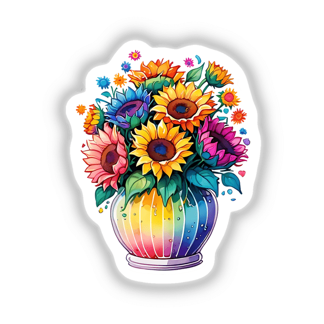 Sunflower Splash: Vibrant Floral Sticker featuring a colorful flower bouquet in a vase, highlighting detailed petals and lively arrangement, perfect for adding a touch of art to any surface.