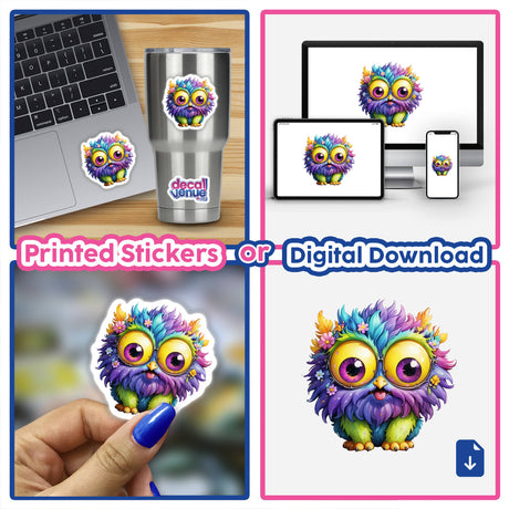 Collage featuring the Fluffy Purple Monster cartoon owl on stickers and digital artwork, showcased on a cup, laptop, and various surfaces.