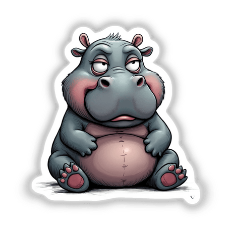 Grumpy Chubby Hippo cartoon depicted sitting with a large belly and distinct facial features, available as stickers or digital artwork from Decal Venue.