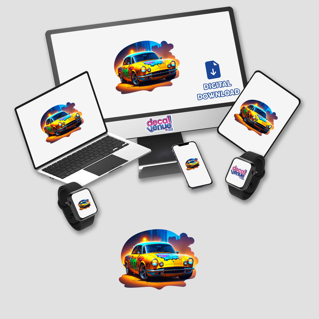 A Classic Graffiti Car displayed on a computer monitor and laptop, showcasing vibrant digital artwork, available as stickers or digital artwork from Decal Venue.