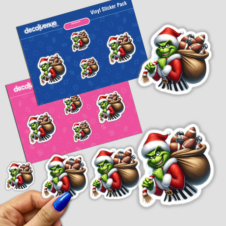 Green Grouch Santa Stole Football II sticker depicting a cartoon character with a sack of footballs, offered by Decal Venue. Available as a sticker or digital artwork.