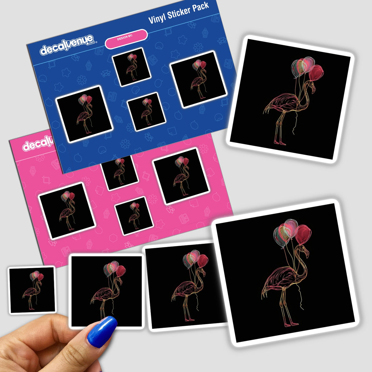 Hand holding a sticker pack featuring a flamingo with balloons, available as stickers or digital artwork.