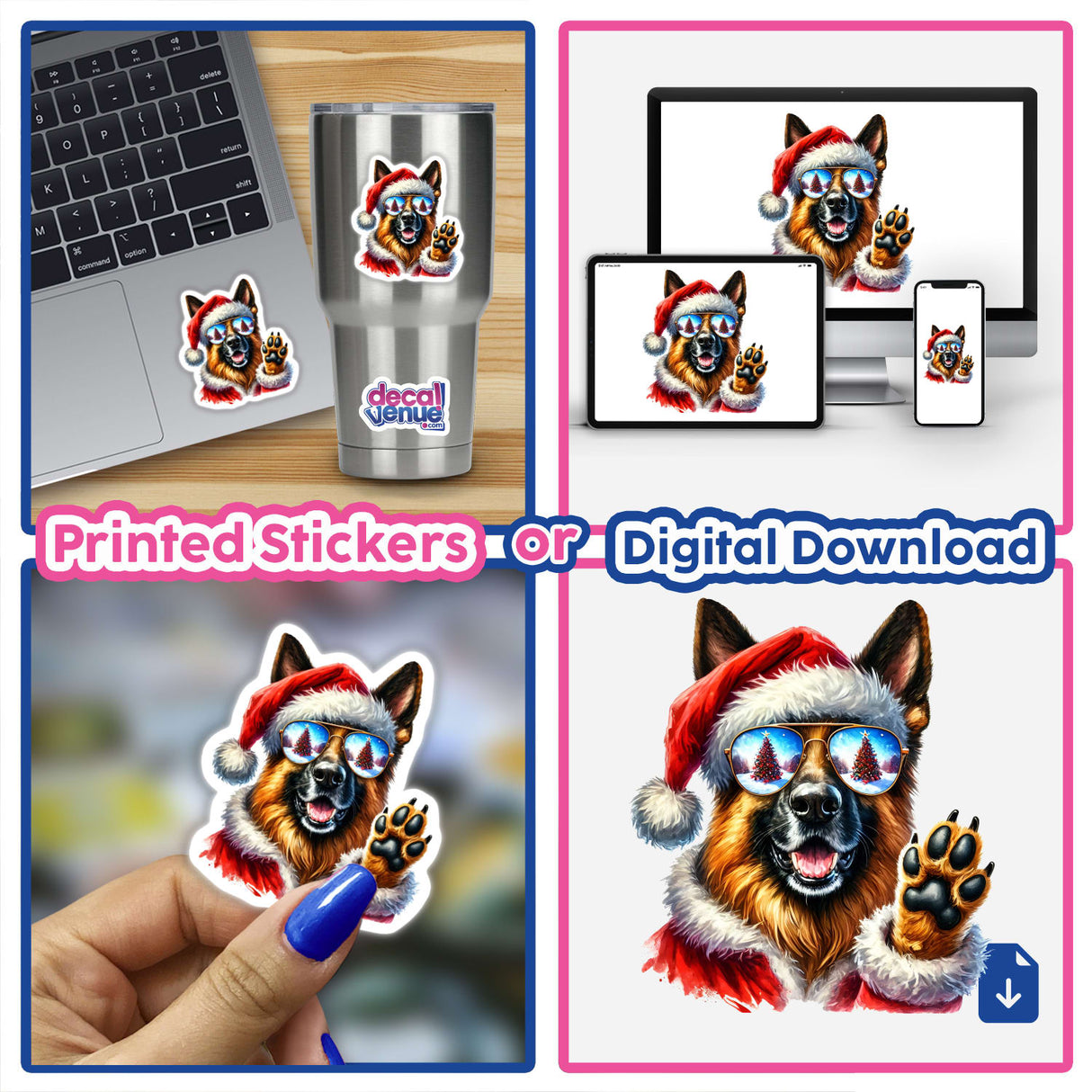 German Shepherd Dog in Santa Outfit sticker collage featuring the dog wearing a Santa hat and sunglasses, displayed on a laptop and a silver cup. Available as stickers or digital artwork.