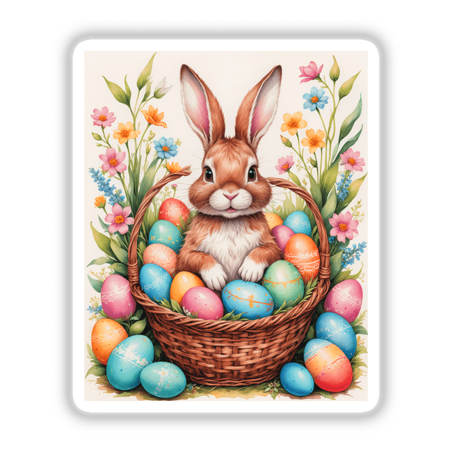 A Cute Easter Bunny in a Basket with Eggs, featured as a charming sticker or digital artwork, showcasing a rabbit nestled among colorful eggs. Perfect for Easter-themed decor from Decal Venue.