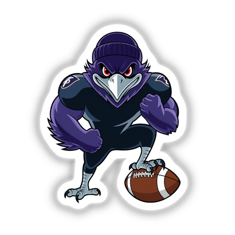 Purple Ravens Bird with Football: A cartoon bird clutching a football, available as stickers or digital artwork. Perfect for fans of unique illustrations at Decal Venue.