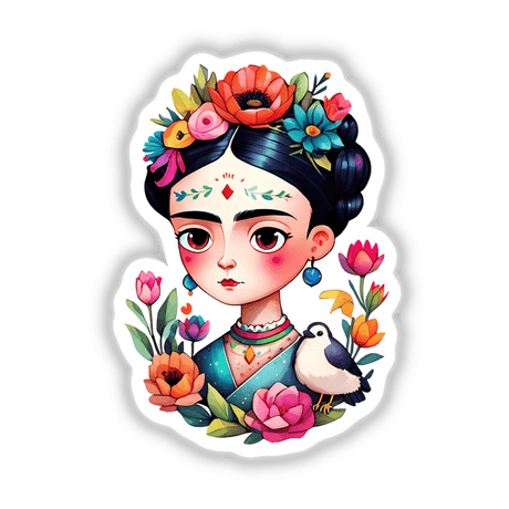 Frida-Inspired Floral Portrait Sticker - Vibrant Botanical Artistic Design featuring a cartoon woman adorned with flowers in her hair, capturing a lively and colorful artistic essence.