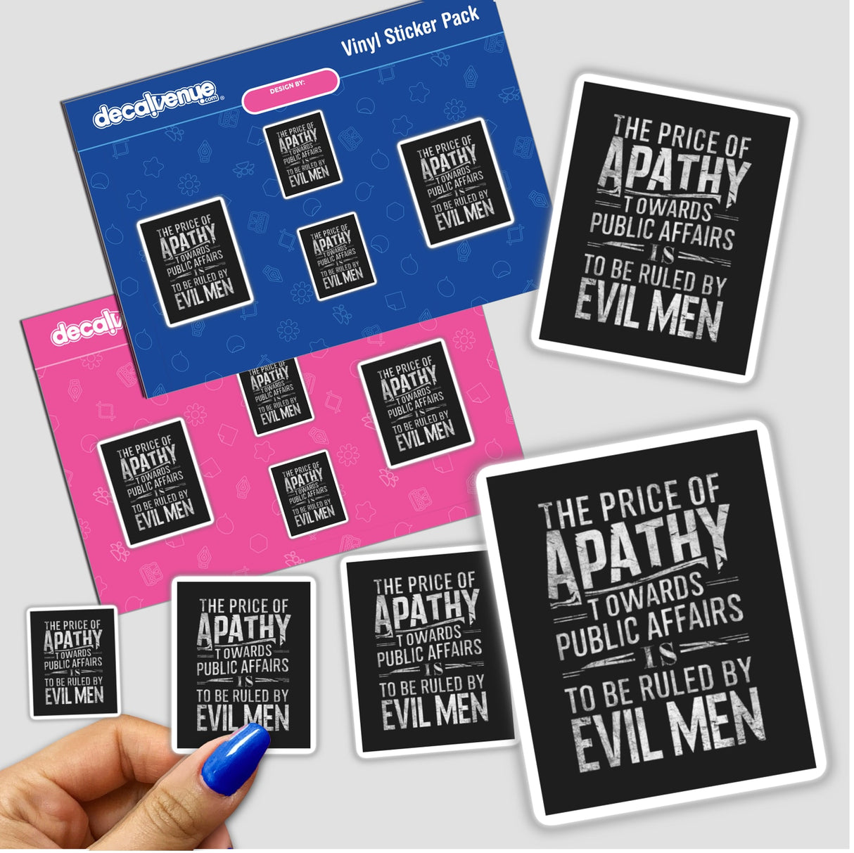 Hand holding a sticker pack featuring the Plato Quote Art Print titled The Price of Apathy, available as stickers or for commercial rights download.