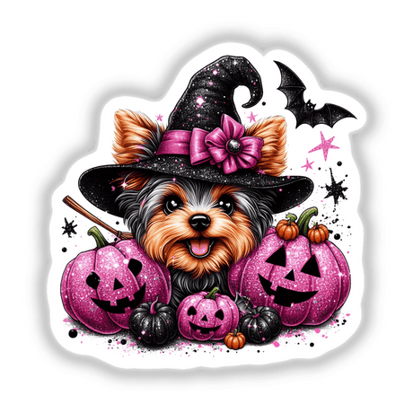 Cute Yorkshire Terrier dog wearing a witch's hat and surrounded by pink and black Halloween pumpkins, bats, and glittery stars