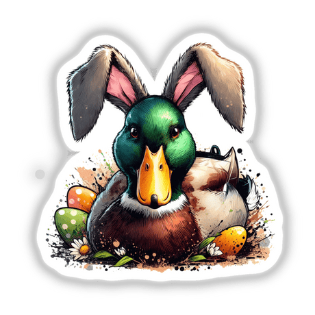 Mallard Duck Bunny Sitting on Easter Eggs: A whimsical digital artwork features a cartoon duck with bunny ears perched among Easter eggs, available as vinyl stickers or digital prints from Decal Venue.