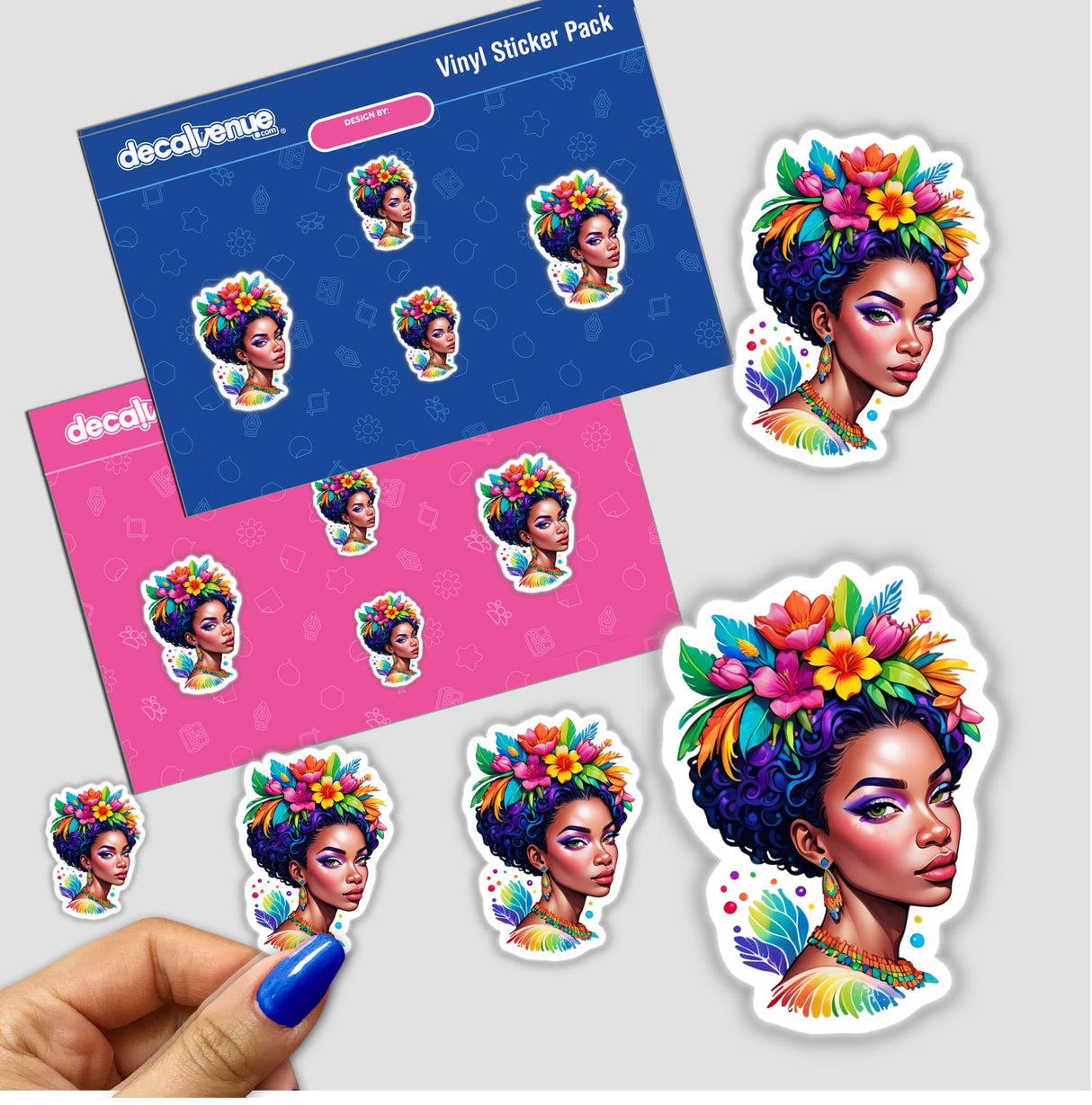 Regal African Queen Flower Crown Sticker - Colorful Boho Kawaii Design featuring a woman with vibrant hair and a floral crown, available as stickers or digital artwork from Decal Venue.