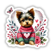 Springtime Yorkie Dog with Heart Sweater features a Yorkie in a cozy heart-patterned sweater, available as stickers or digital artwork from Decal Venue, known for unique vinyl designs.