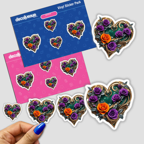 Golden Emerald Heart sticker featuring purple and orange roses, showcasing intricate floral designs. Available as a sticker or digital artwork, reflecting Decal Venue's unique vinyl stickers and digital art collection.