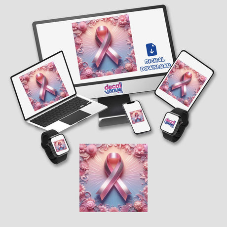 Breast Cancer Silver Series 1: Computer monitor and laptop displaying a pink ribbon, available as stickers or digital artwork from Decal Venue.