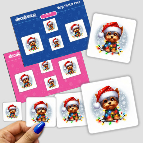 Merry Christmas Santa Yorkie Dog sticker featuring a cartoon Yorkie adorned with a Santa hat and Christmas lights, available as stickers or digital artwork from Decal Venue.