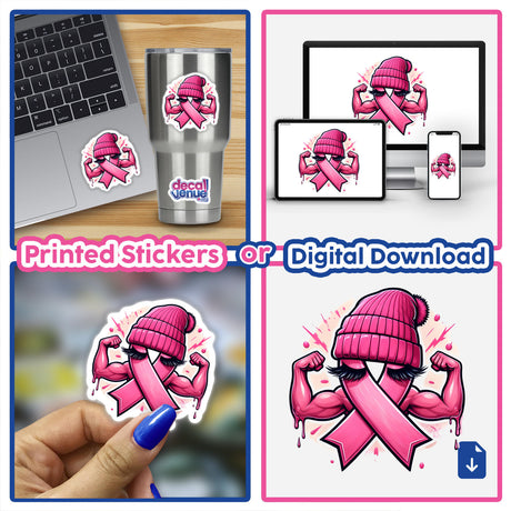 Flexing Pink Breast Cancer Ribbon Beanie displayed in various forms, including stickers and digital artwork, featuring a pink ribbon with a knitted hat, eyelashes, and cartoon muscles.