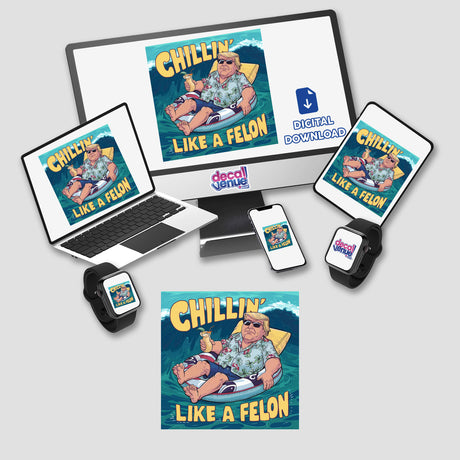 Vibrant digital artwork depicting a man in casual attire, titled "Chillin' Like a Felon III" and displayed across multiple digital devices.